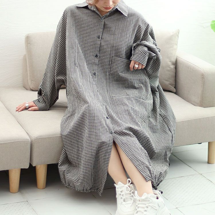 大きいサイズ レディース チェック柄ドルマンシャツワンピース　goldy-1435