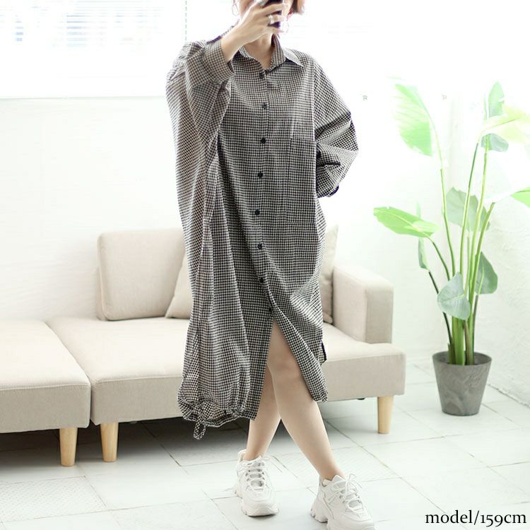 大きいサイズ レディース チェック柄ドルマンシャツワンピース　goldy-1435