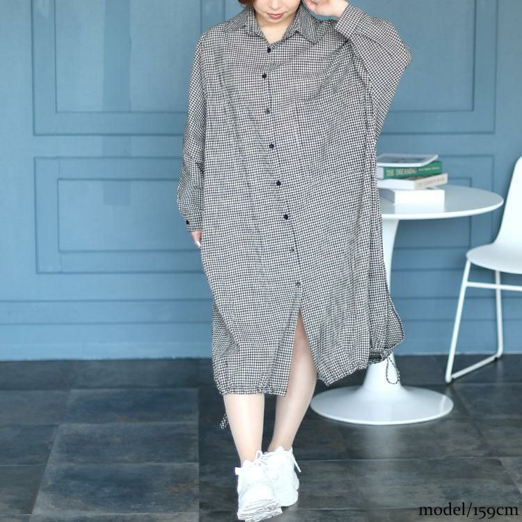 大きいサイズ レディース チェック柄ドルマンシャツワンピース　goldy-1435 ブラック