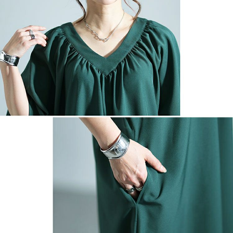 大きいサイズ レディース ギャザーVネックリラックスワンピース　nw-24002