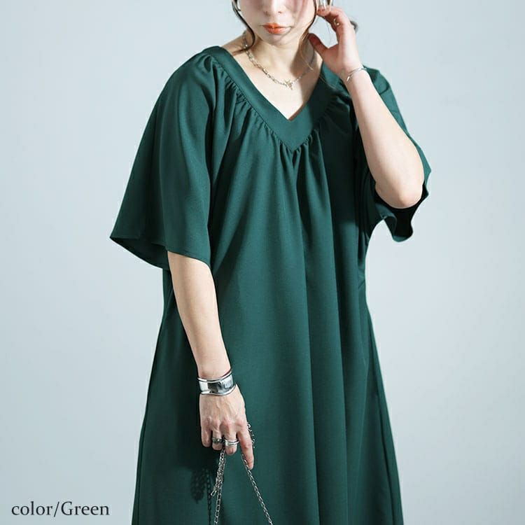 大きいサイズ レディース ギャザーVネックリラックスワンピース　nw-24002