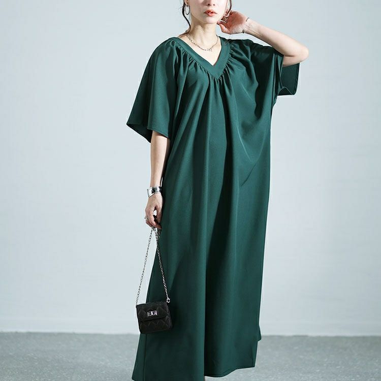 大きいサイズ レディース ギャザーVネックリラックスワンピース　nw-24002