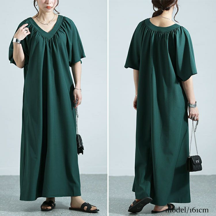 大きいサイズ レディース ギャザーVネックリラックスワンピース　nw-24002