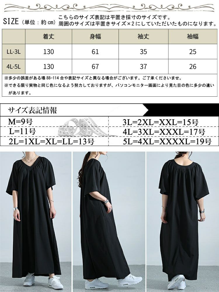 大きいサイズ レディース ギャザーVネックリラックスワンピース　nw-24002