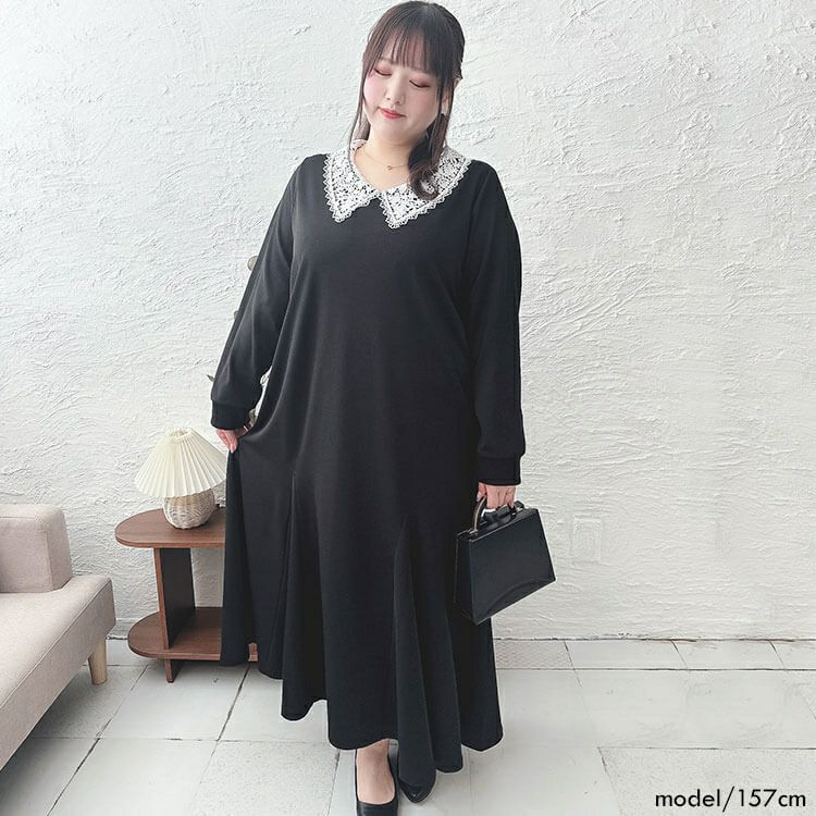 大きいサイズ レディース 襟レースマーメイドワンピース　bro-0041