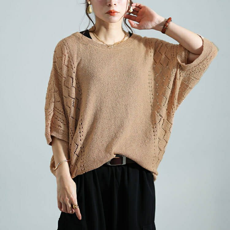 大きいサイズ レディース 透かし編みドルマンニット　bro-0039