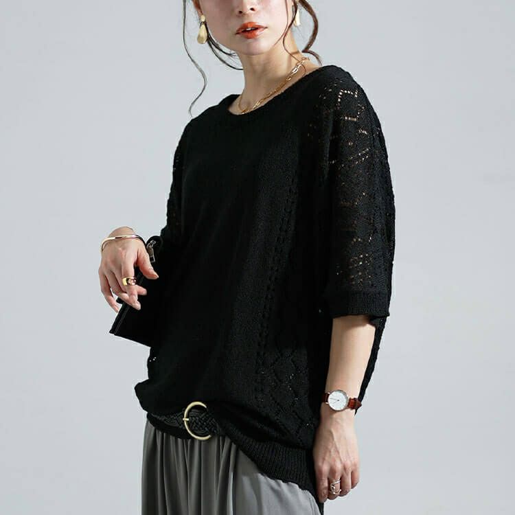 大きいサイズ レディース 透かし編みドルマンニット　bro-0039