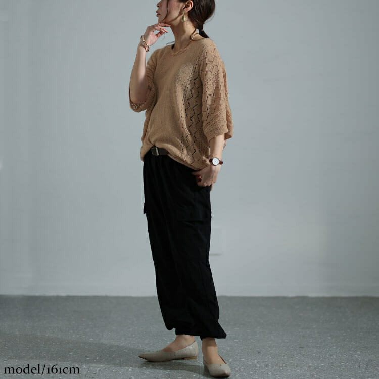 大きいサイズ レディース 透かし編みドルマンニット　bro-0039
