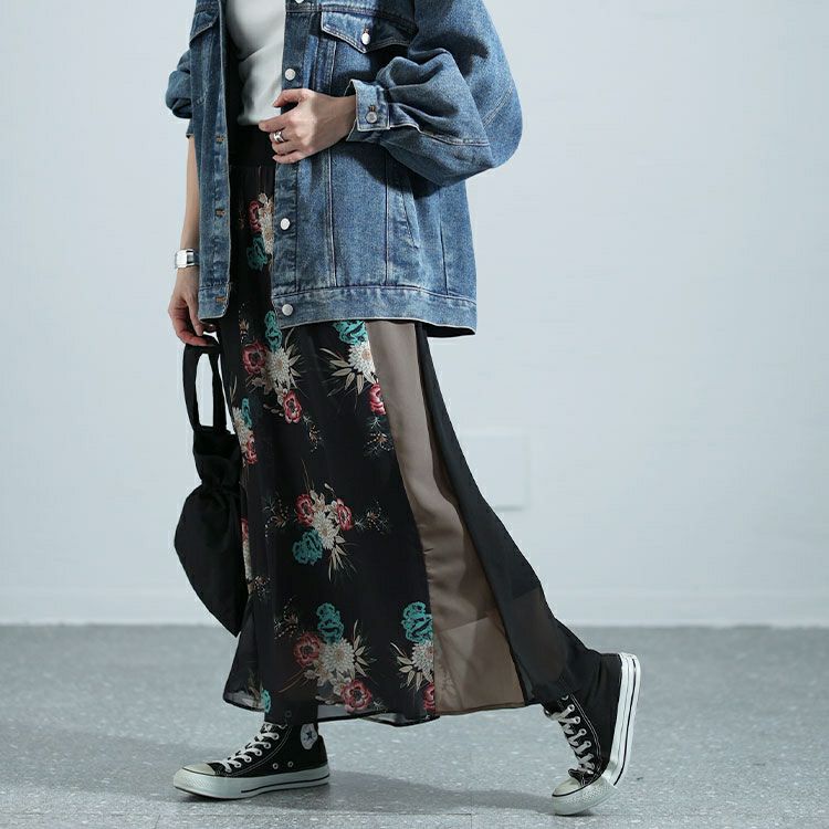 大きいサイズ レディース 花柄切替フレアスカート　nw-24005