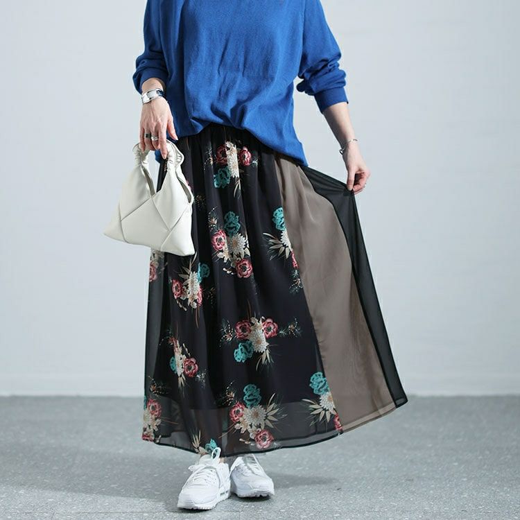 大きいサイズ レディース 花柄切替フレアスカート　nw-24005