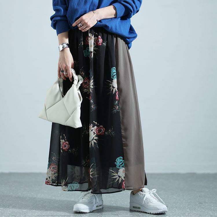 大きいサイズ レディース 花柄切替フレアスカート　nw-24005 ブラック