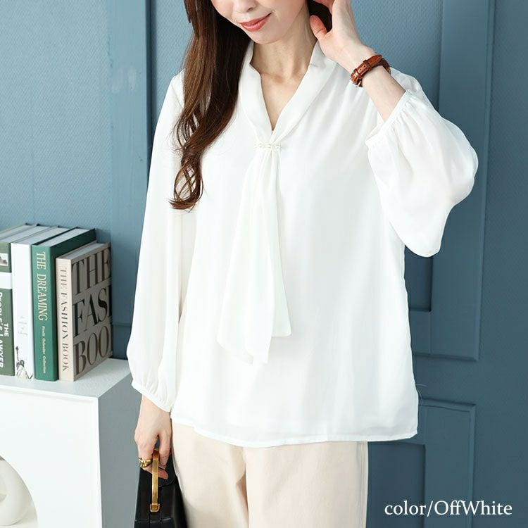 大きいサイズ レディース パール付きシアーボウタイブラウス　mncut-144005 【メール便可】