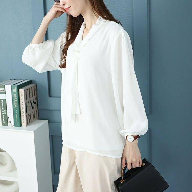 大きいサイズ レディース パール付きシアーボウタイブラウス　mncut-144005 【メール便可】