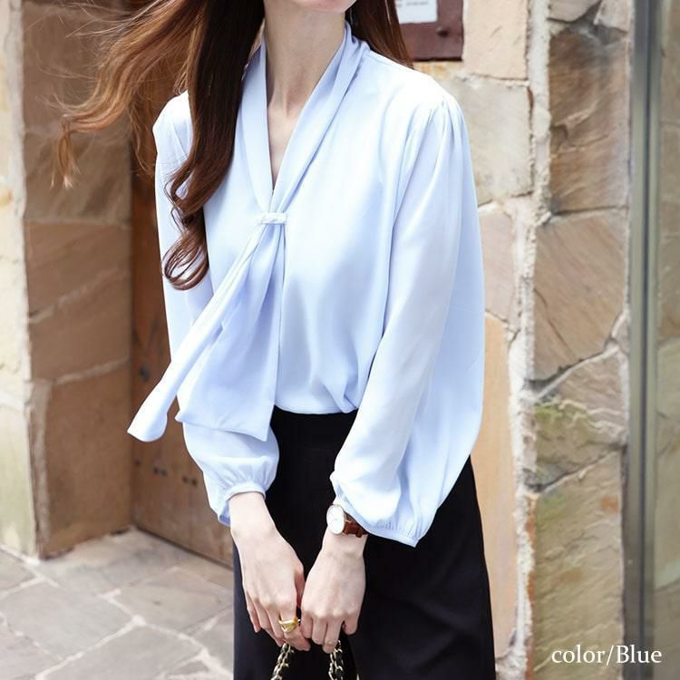 大きいサイズ レディース パール付きシアーボウタイブラウス　mncut-144005 【メール便可】 ブルー