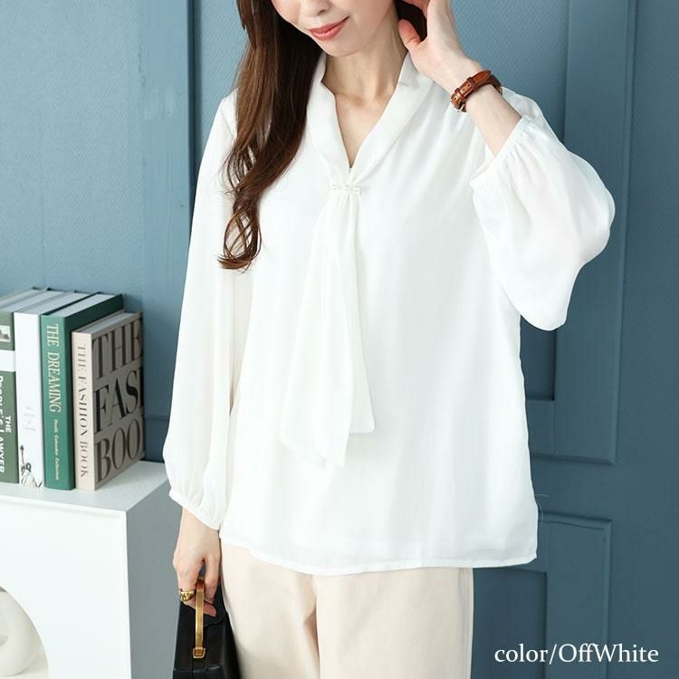 大きいサイズ レディース パール付きシアーボウタイブラウス　mncut-144005 【メール便可】 オフホワイト
