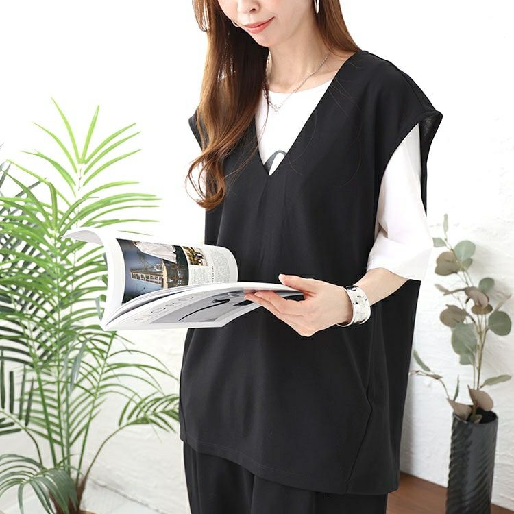 大きいサイズ レディース Vネックバックタックベスト　mncut-142086 【メール便可】