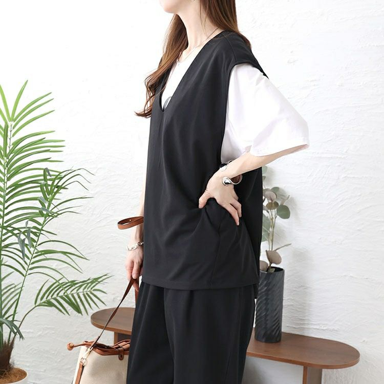 大きいサイズ レディース Vネックバックタックベスト　mncut-142086 【メール便可】