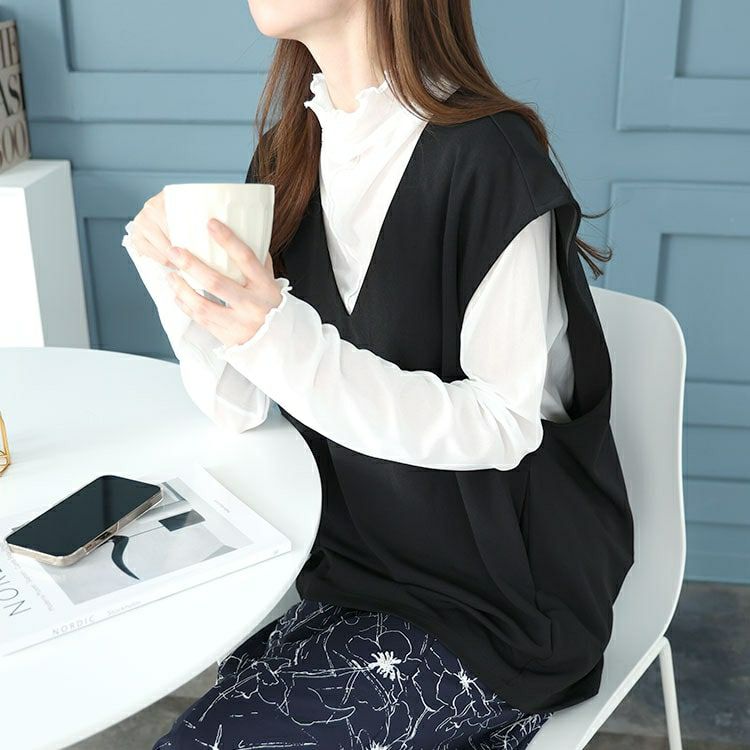 大きいサイズ レディース Vネックバックタックベスト　mncut-142086 【メール便可】