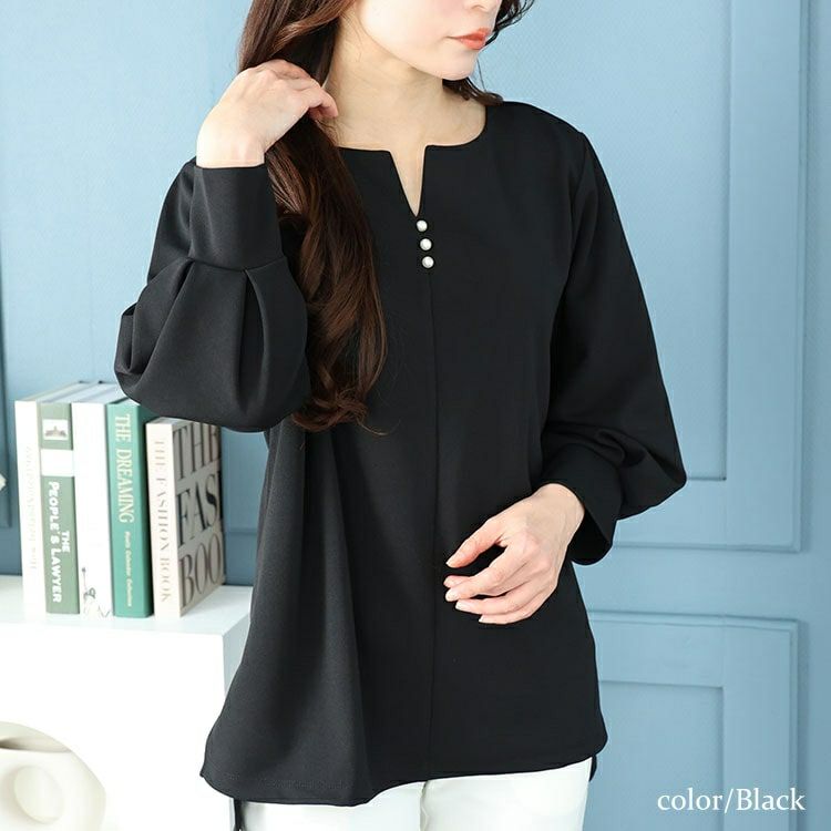 大きいサイズ レディース パールボタンキーネックプルオーバー　mncut-142049