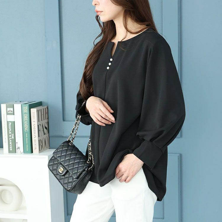 大きいサイズ レディース パールボタンキーネックプルオーバー　mncut-142049