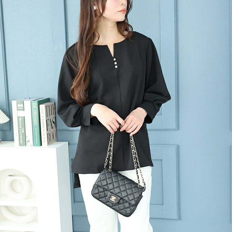 大きいサイズ レディース パールボタンキーネックプルオーバー　mncut-142049