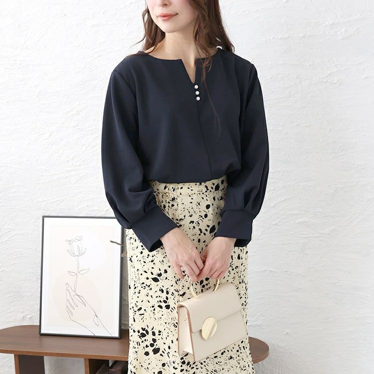 大きいサイズ レディース パールボタンキーネックプルオーバー　mncut-142049