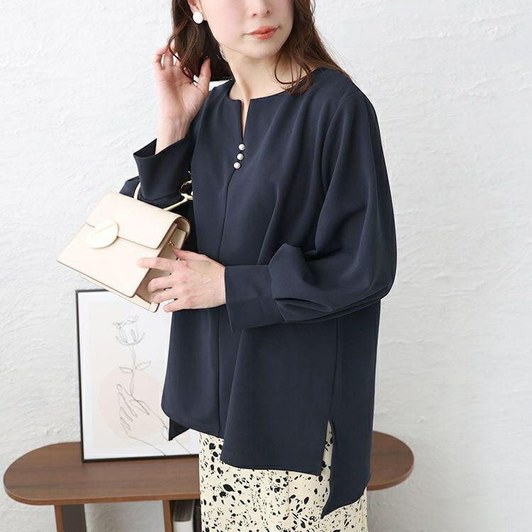 大きいサイズ レディース パールボタンキーネックプルオーバー　mncut-142049