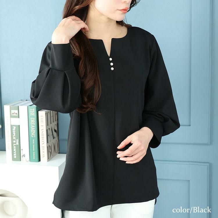 大きいサイズ レディース パールボタンキーネックプルオーバー　mncut-142049 ブラック