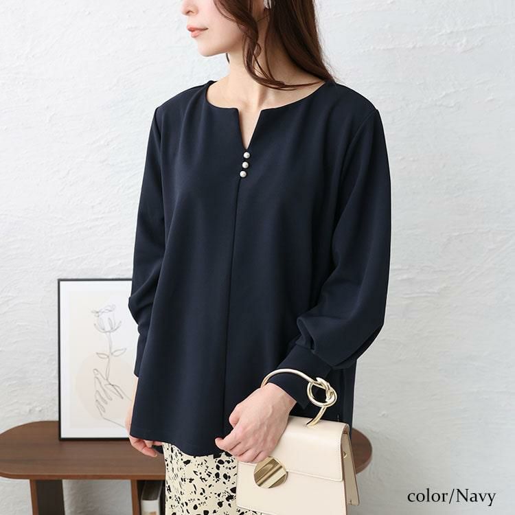 大きいサイズ レディース パールボタンキーネックプルオーバー　mncut-142049 ネイビー