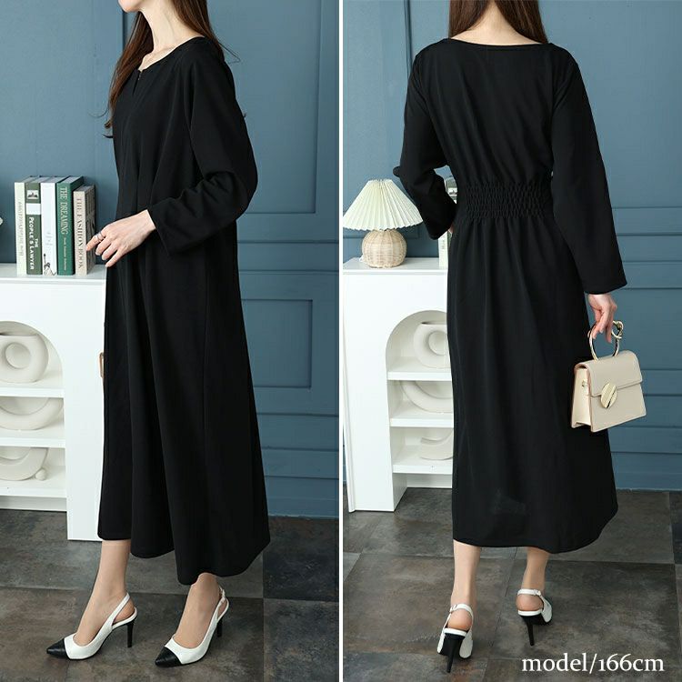 大きいサイズ レディース パール付きネックウエストタックワンピース　mncut-142045