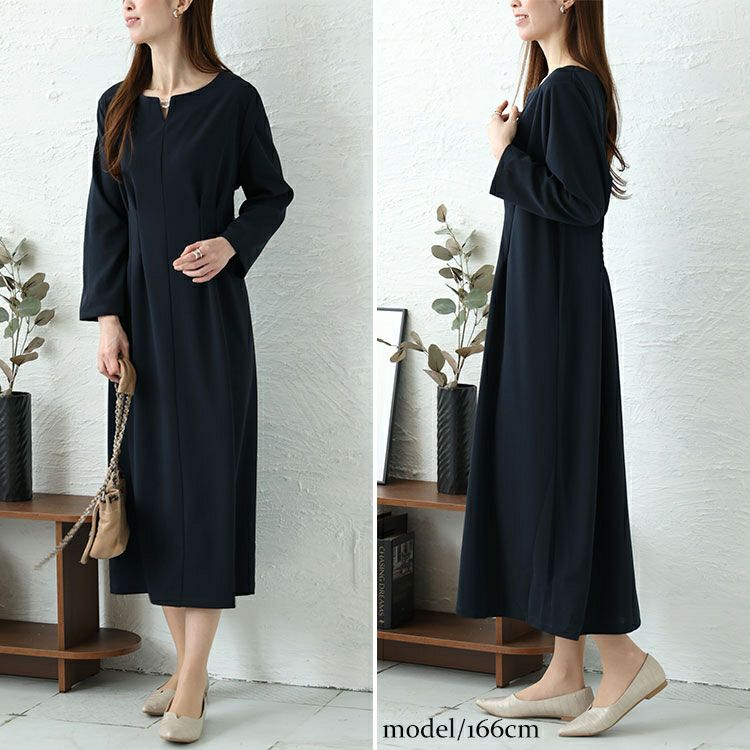 大きいサイズ レディース パール付きネックウエストタックワンピース　mncut-142045