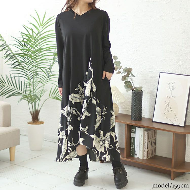 大きいサイズ レディース 花柄切替えフレアワンピース　goldy-1432