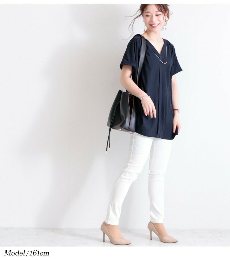 大きいサイズ レディース 接触冷感ネックレス付きVネックトップス　mncut-102194