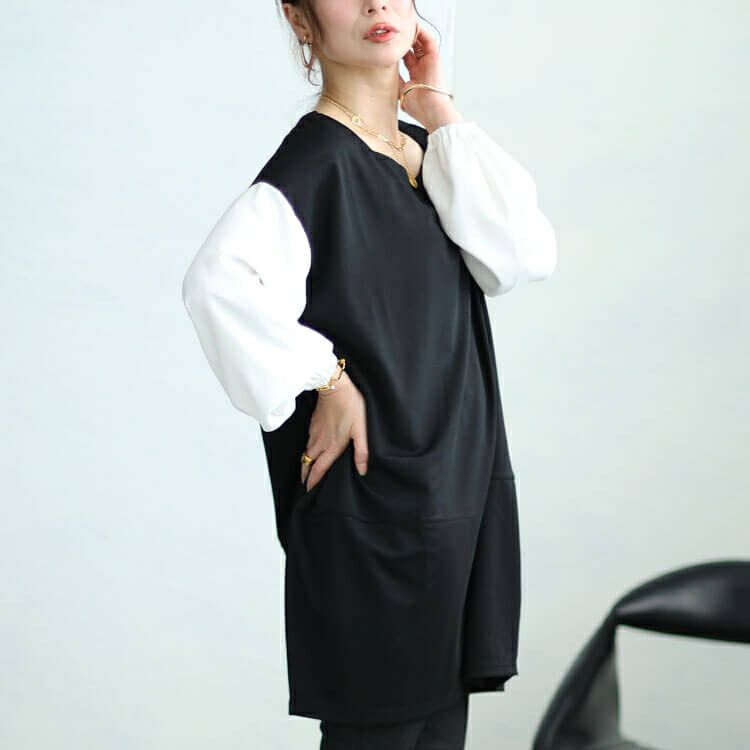 大きいサイズ レディース 異素材バイカラーコクーンチュニック　fem-455