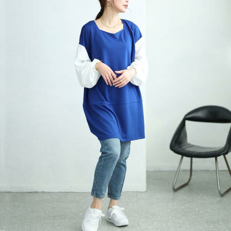 大きいサイズ レディース 異素材バイカラーコクーンチュニック　fem-455 ネイビー×オフ