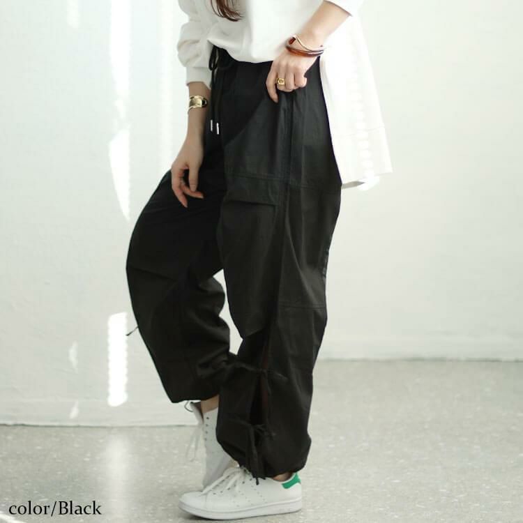 大きいサイズ レディース コットンサイドリボンカーゴパンツ　fem-415 ブラック