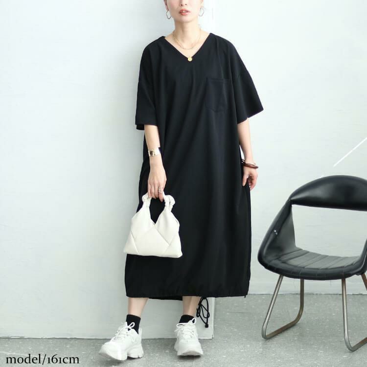 大きいサイズ レディース 裾ドロストVネックワンピース　fem-458 ブラック