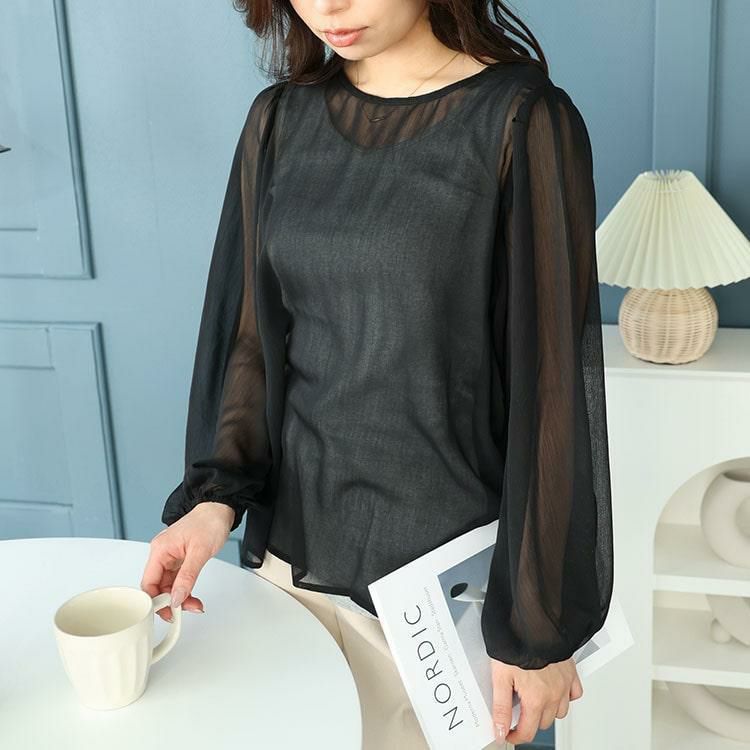 大きいサイズ レディース ボリュームスリーブシフォンプルオーバー　maru-30003 【ゆうパケット可】 ブラック