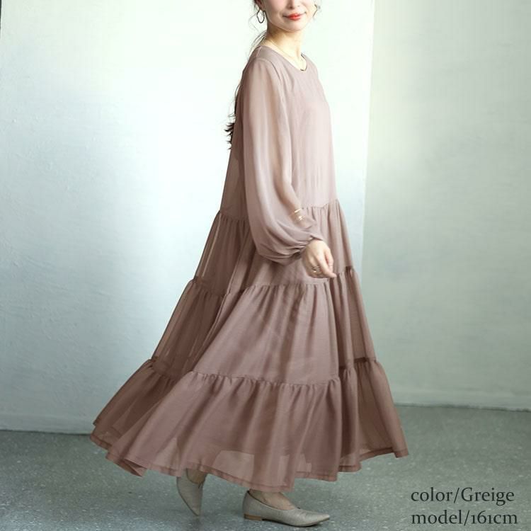 大きいサイズ レディース シアースリーブシフォンティアードワンピース　maru-30002 グレージュ