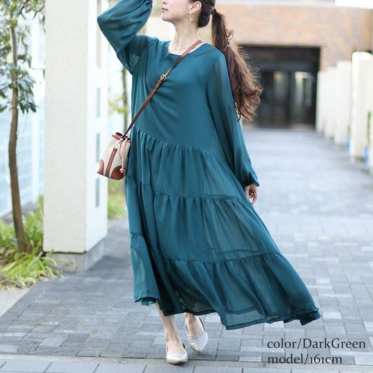 大きいサイズ レディース シアースリーブシフォンティアードワンピース