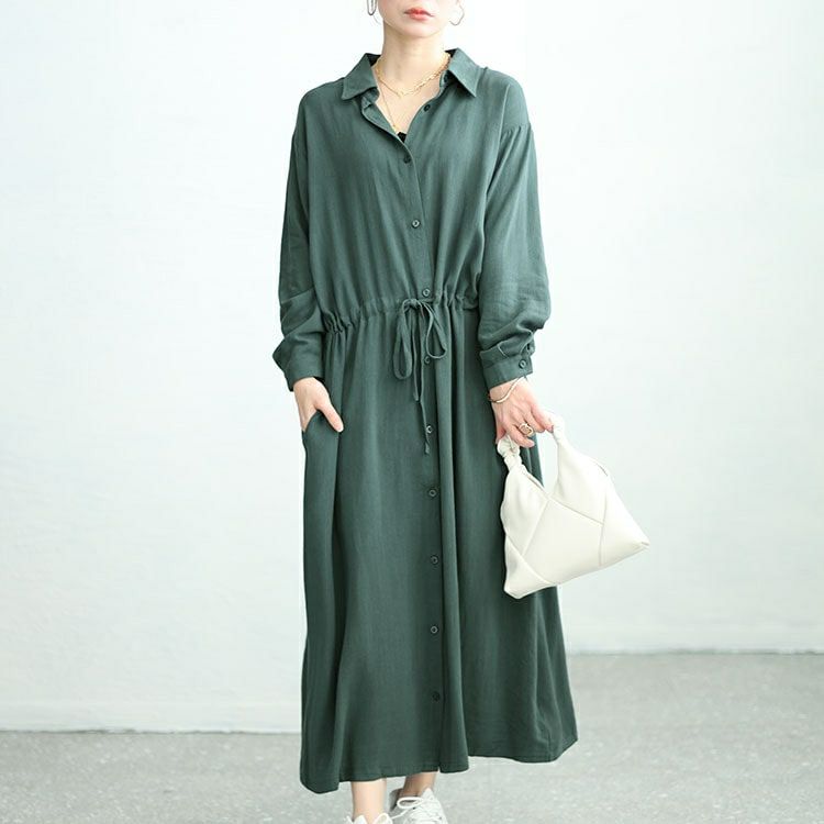 大きいサイズ レディース リネン混ブラウジングシャツワンピース　maru-6744