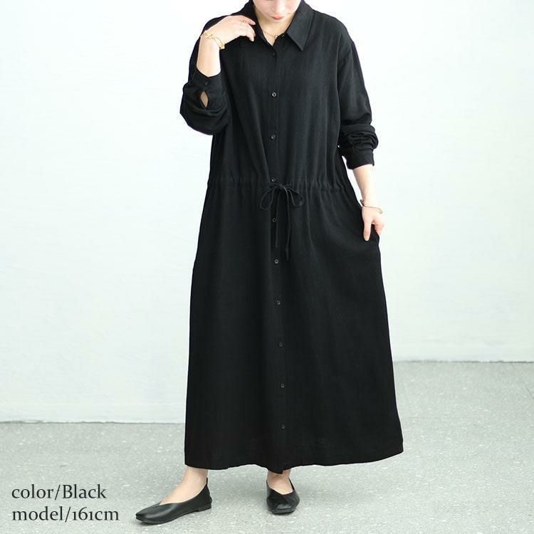 大きいサイズ レディース リネン混ブラウジングシャツワンピース　maru-6744 ブラック