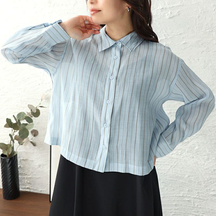 大きいサイズ レディース シアーストライプショート丈シャツブラウス　maru-6741 【ゆうパケット可】