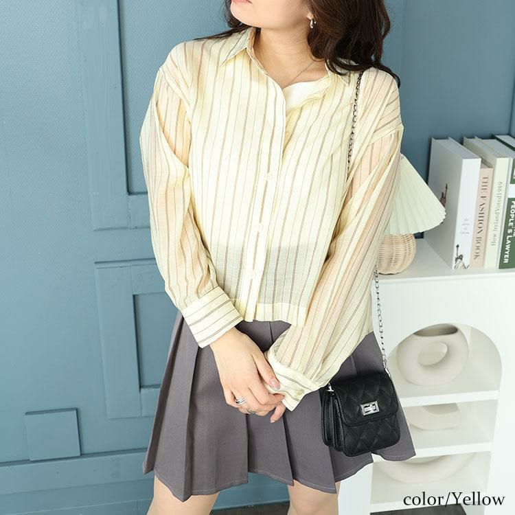 大きいサイズ レディース シアーストライプショート丈シャツブラウス　maru-6741 【ゆうパケット可】 イエロー