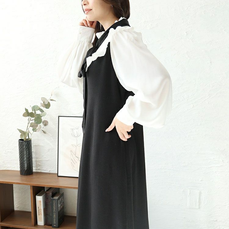 大きいサイズ レディース ボウタイ付き胸フリルブラウスドッキングワンピース　jps032