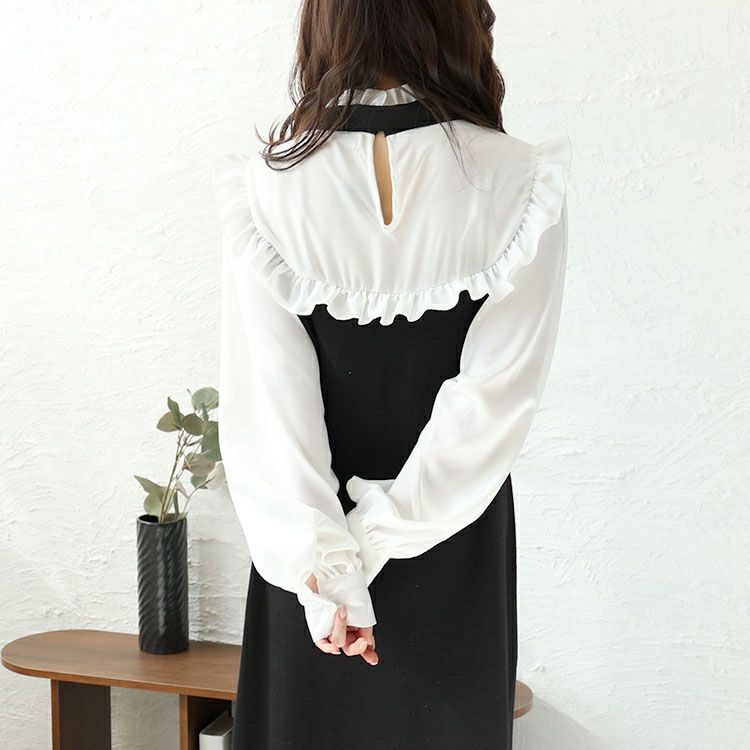 大きいサイズ レディース ボウタイ付き胸フリルブラウスドッキングワンピース　jps032