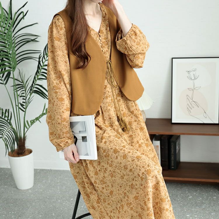 大きいサイズ レディース ショート丈ベスト＆花柄ワンピースセット　goldy-1442