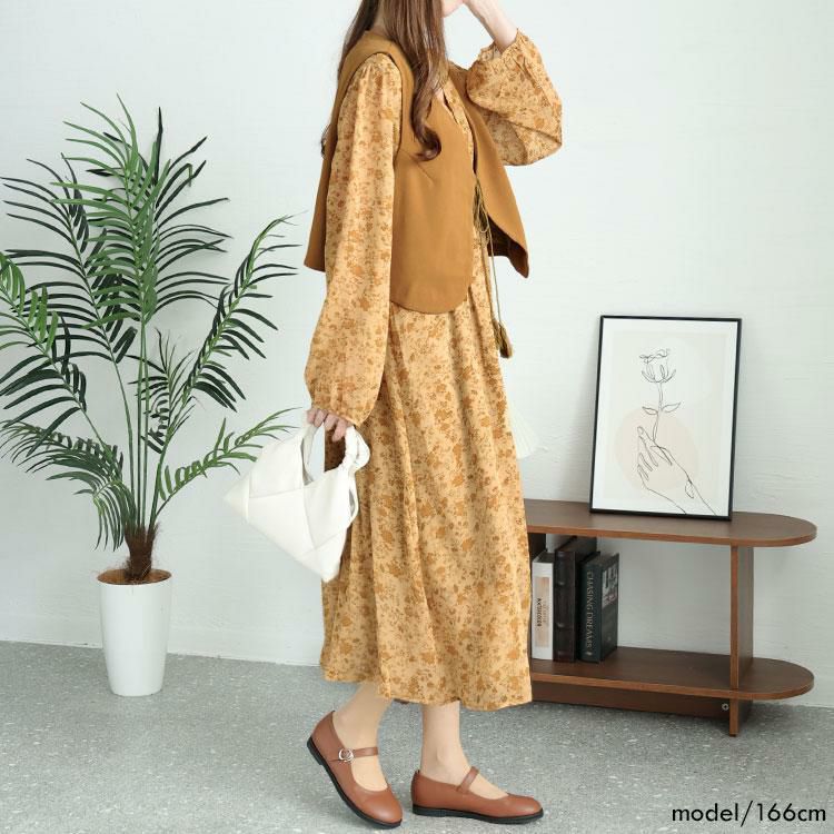 大きいサイズ レディース ショート丈ベスト＆花柄ワンピースセット　goldy-1442 イエロー
