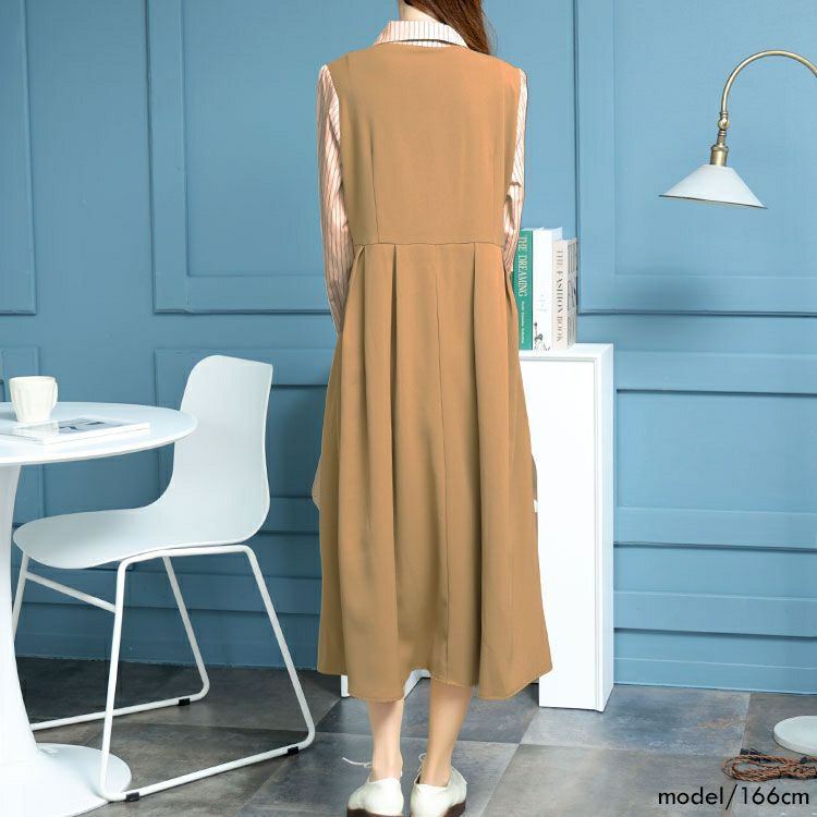 大きいサイズ レディース ネクタイ付きレイヤード風ワンピース　goldy-1439