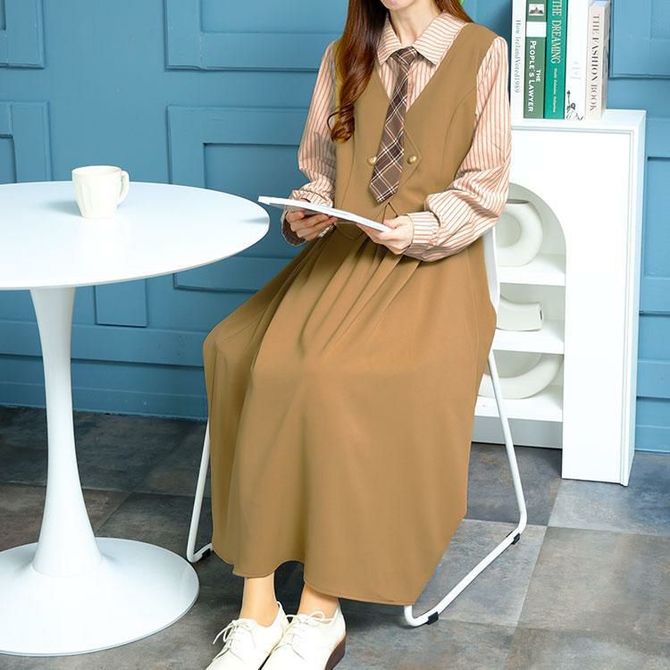 大きいサイズ レディース ネクタイ付きレイヤード風ワンピース　goldy-1439 ベージュ